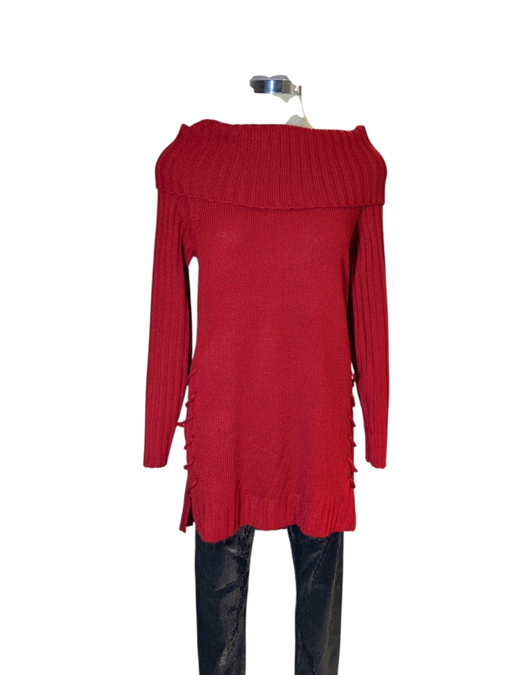 Off-Shoulder Lace-Up Knit Sweater in Red - Picture 8 of 15